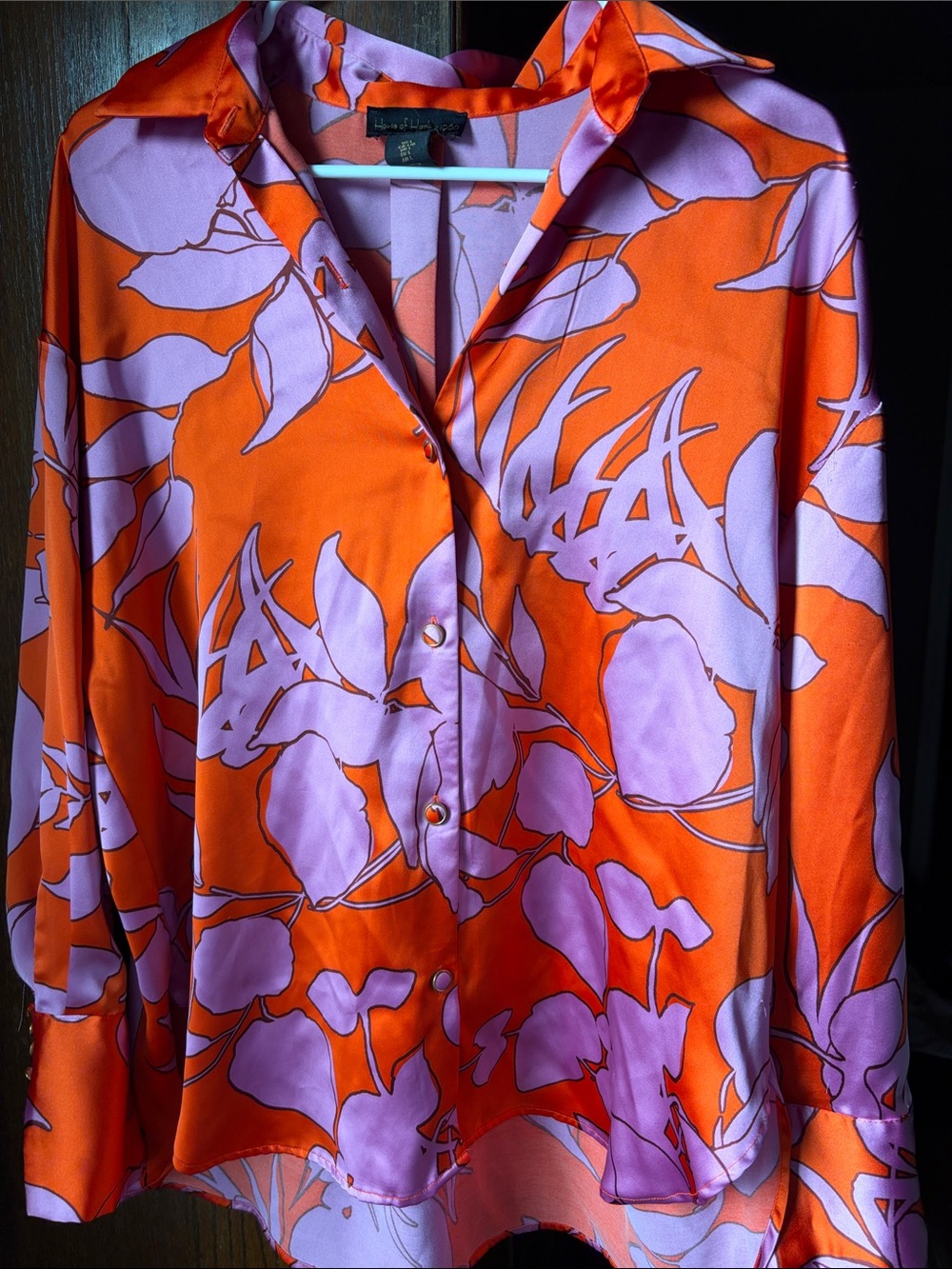 House of Harlow Silky Floral Button-Up Top - Orange & Lavender L